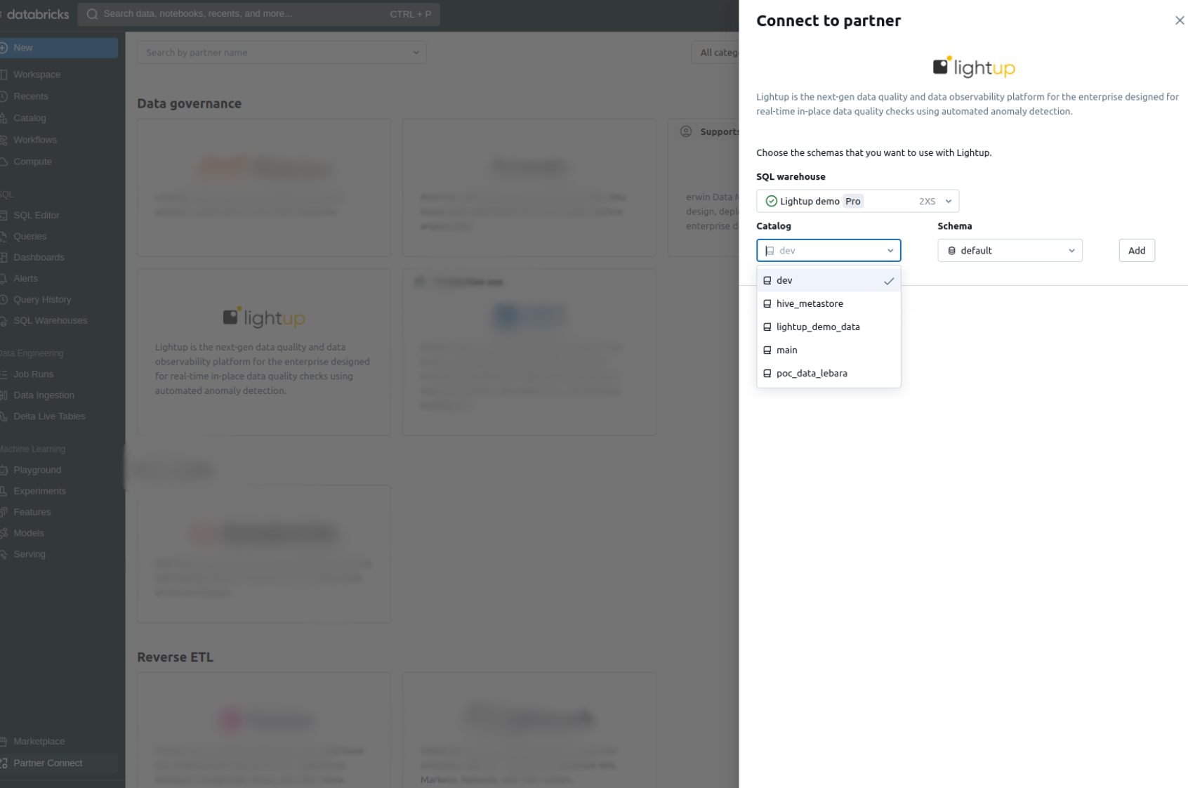 Select catalogs and schemas in Databricks Unity Catalog to use in Lightup.