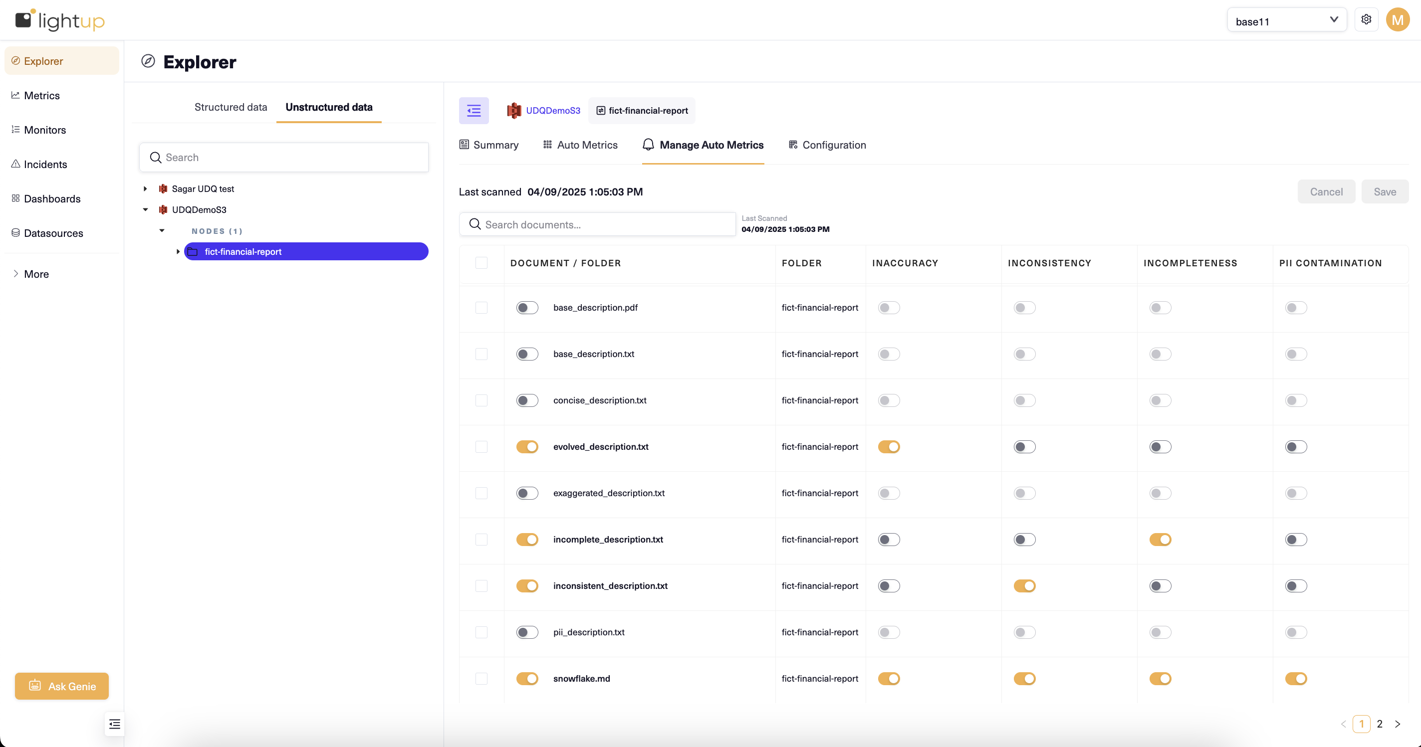 Managing Auto Metrics for unstructured data
